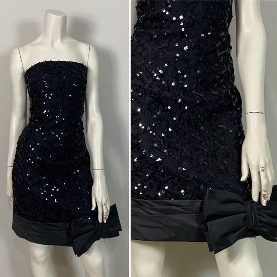 80s Prom Dress| 80s Black Sequin Dress Big Bow Hem| 80s Cocktail Dress| 80s Vintage Holiday Party / New Years Dress Medium