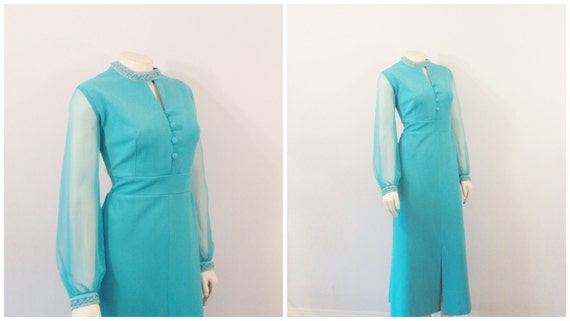 60s Formal Turquiose Dress | Chiffon Sleeves| Embe