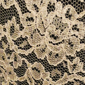 May include: Close-up of a beige lace fabric with a delicate floral pattern. The lace is woven with a fine mesh and has a soft, flowing texture.