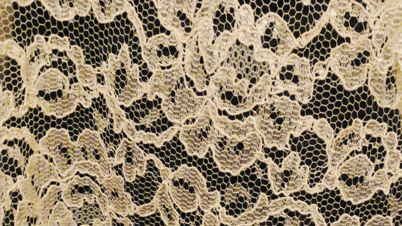 May include: Close-up of a beige lace fabric with a delicate floral pattern. The lace is woven with a fine mesh and has a soft, flowing texture.