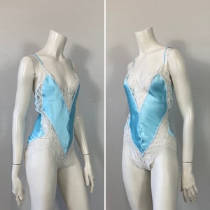 70s 80s Blue Satin Ms Leslee  Teddy Lingerie| Vintage Lingerie Teddy Blue Satin & Lace Sz Large