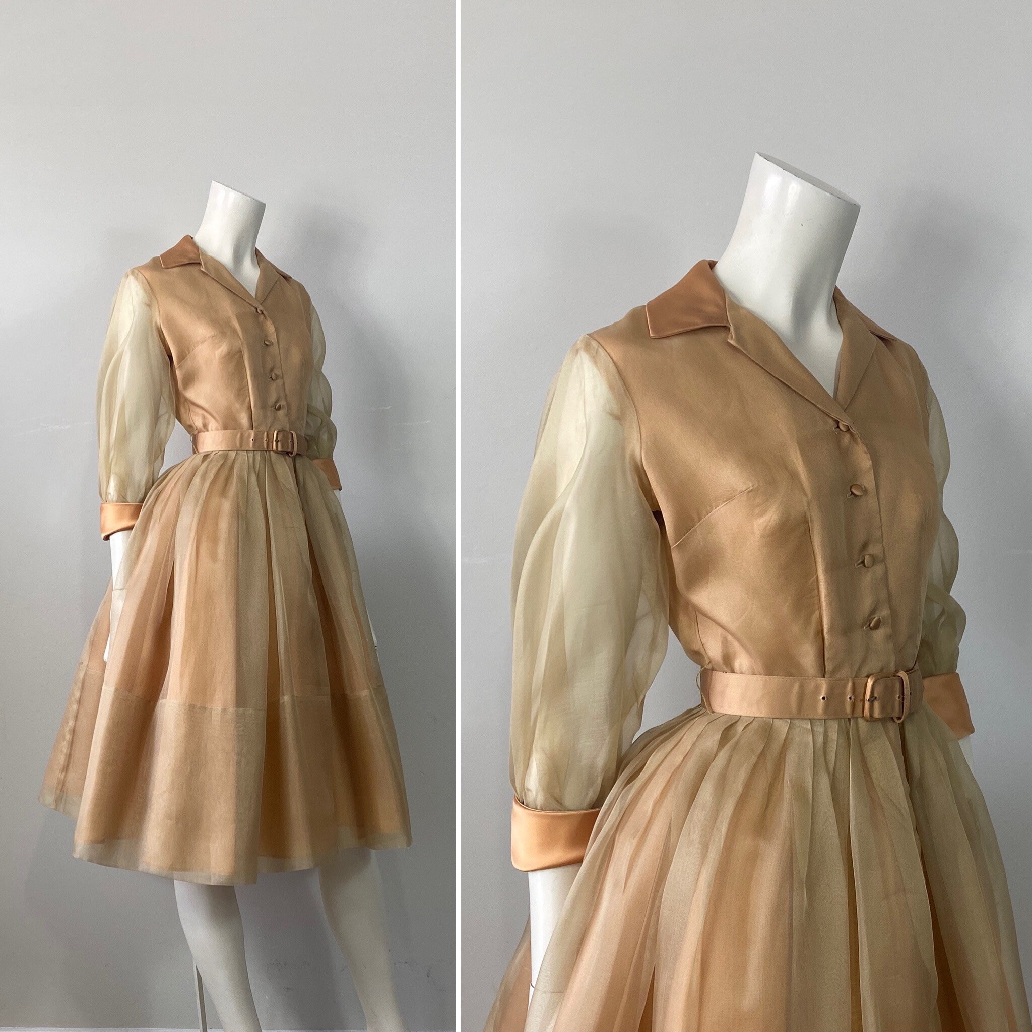 1950s New Look Silk Shirtwaist Dress Deadstock NWT XS Gold Peach Bouffant Dress Vintage Belted Dress Etsy