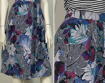 80s 90s Skirt| 80s 90s Lightweight Floral Print Rayon Skirt| Tropical Gray Blue Pink Floral Print Vintage Skirt| Modern Medium