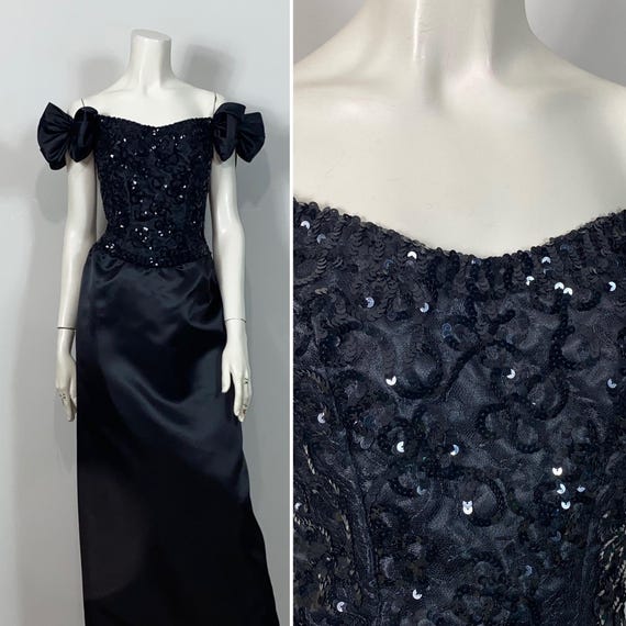 Vintage Dress 70s 80s Mike Benet Formal Black Sequin Beaded Satin Formal Gown XS
