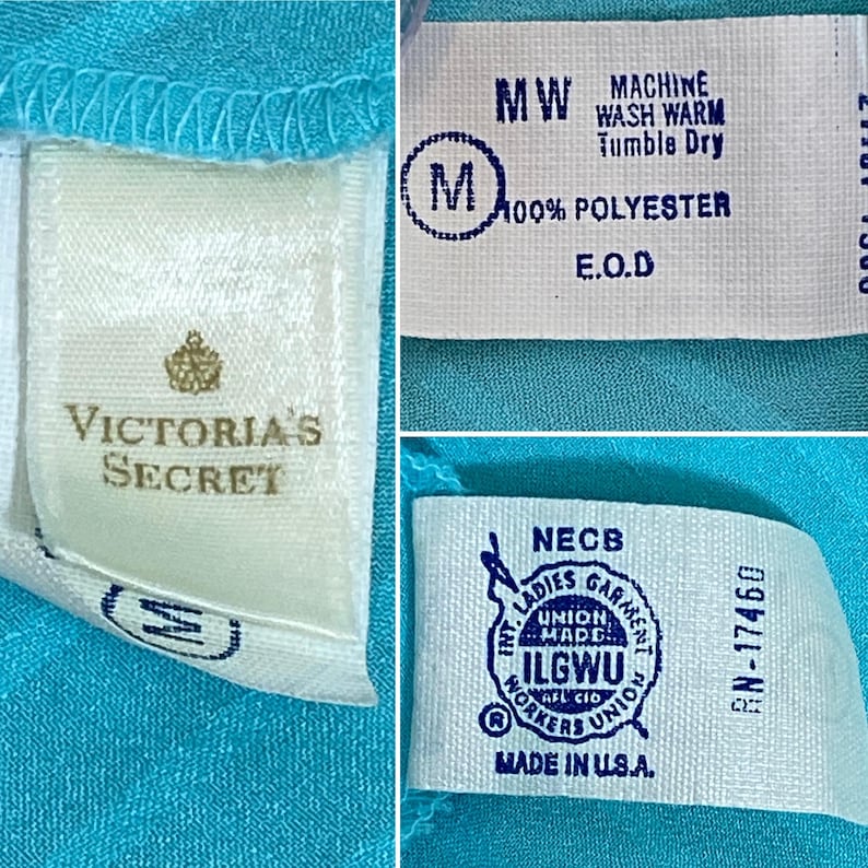 K&ouml;nnte beinhalten: Ein t&uuml;rkisblaues Satin-Oberteil mit einem wei&szlig;en Etikett, auf dem "Victoria's Secret" steht, und einem wei&szlig;en Etikett mit Pflegehinweisen, auf dem "Machine Wash Warm, Tumble Dry, 100% Polyester, E.O.D." steht.