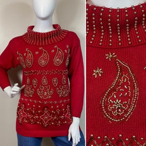 Vintage Embellished Oversized Sweater | 80s 90s Victoria Jones Red & Gold Beaded Sweater