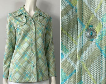 70s Plaid Shirt | 70s Top| 70s Long Sleeve Shirt| Blue & Green Plaid Button Up Top| Modern Size Small to Medium