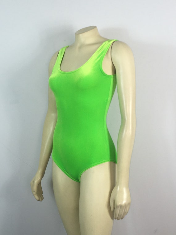 80s 90s Bodysuit| 90s Lime Green Plush Velvet Bod… - image 9