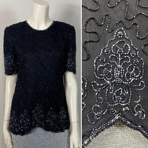 NWT Scala Sequin Beaded Blouse| Vintage Y2K Short Sleeved Sequin Bead Blouse| Vintage Black & Pewter Silver Sequin Beaded Blouse