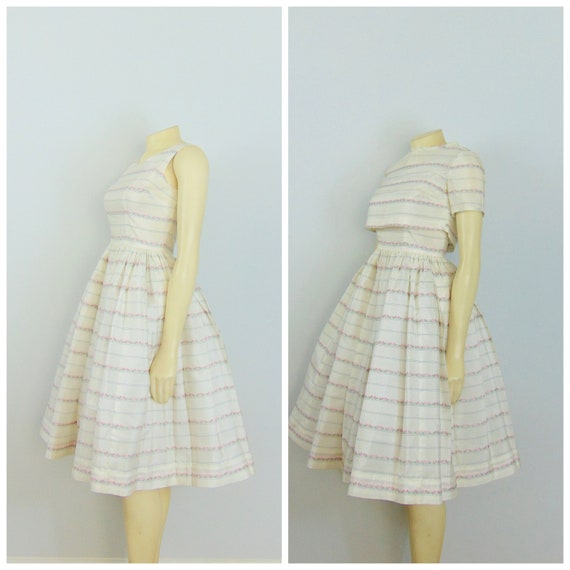 Adorable 50s Bouffant Dress & Jacket Ivory Pink a… - image 1