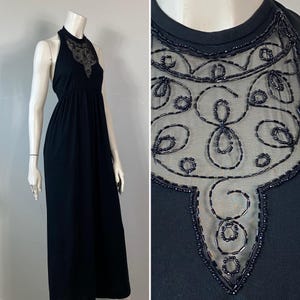 70s Black Halterneck Dress| 70s Vintage Dress Halter Neck Black Maxi Dress Sheer Beaded Bodice| Vintage Holiday Party/ New Years Dress XS