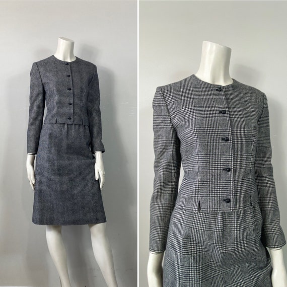 60s Wool Suit| 60s Black White Houndstooth Plaid … - image 1
