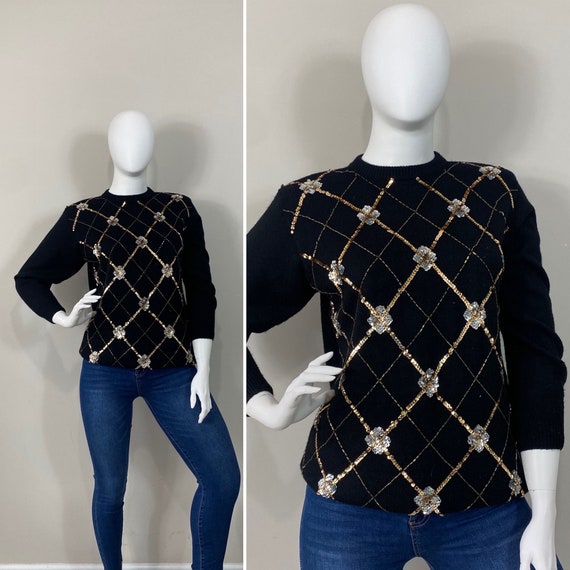 80s Sweater | Vintage 80s Alfred Dunner Black Gol… - image 2