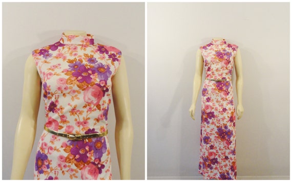 60s 70s Pink Floral Dress| 60s 70s Sleeveless Full