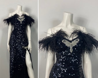 Vintage Sequin Dress| 30s 40s Old Hollywwod Style Black Sequin Beads and Feathers Dress| Clear Beaded Butterfly Accents| XS - S