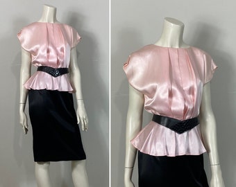 80s Pink & Black Satin Dress| 80s All That Jazz Cocktail Dress| 80s Peplum Dress| 80s Pink and Black Dress| Size 5 Modern Small