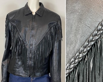 80s Vintage Leather Coat| Vintage Leather Fringe Biker Coat Jacket W/ Zip Out Lining Lace Up Sides Size Large