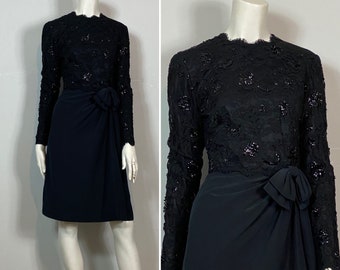 50s Black Sequin & Lace Dress| Vintage 50s Posh by Jay Anderson Black Party Dress| Black Holiday Dress Size XS - Small
