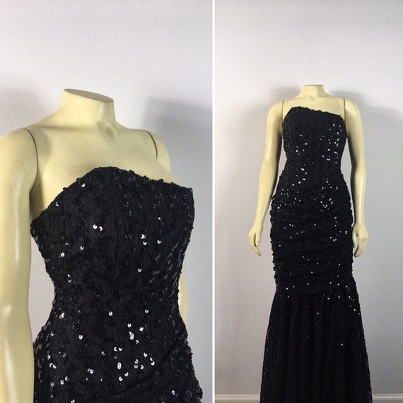 80s Glamour| Black Sequin Evening Gown| Black Sequ