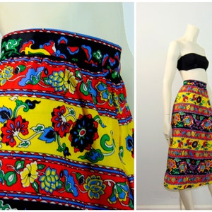 60s 70s Floral A-Line Skirt| Vintage 60s 70s Skirt| 60s 70s Psychedelic Ethnic Pattern Yellow Red Black Green Modern size Medium to Large