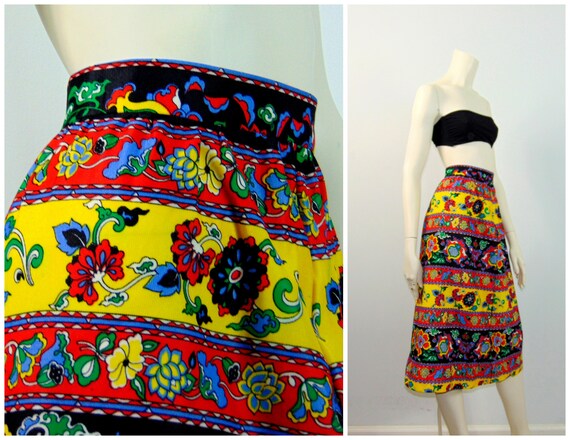60s 70s Floral A-Line Skirt| Vintage 60s 70s Skirt| 60s 70s Psychedelic Ethnic Pattern Yellow Red Black Green Modern size Medium to Large