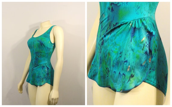 80s Jantzen Swimsuit| Teal Green Skirted Swimsuit|