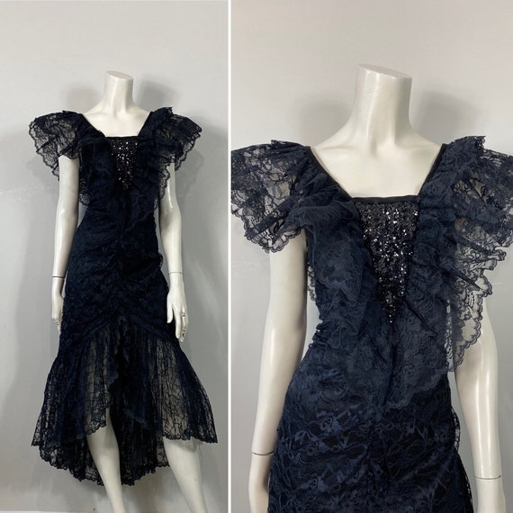 RARE 80s Avant Garde Black Sequin & Lace Mermaid … - image 1