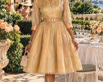 1950s New Look Silk Shirtwaist Dress Deadstock NWT XS | Gold & Peach Bouffant Dress | Vintage Belted Dress
