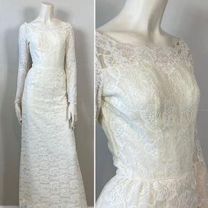 Sophisticated 50s 60s Ivory Off White Lace Wedding Dress With Back Bustle and Train XXS