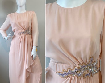 Elegant Peach Sequin Waist Evening Gown| Miss Elliette Peach Formal Gown|Plus Size Vintage Formal Gown| Mother of the Bride Gown Sz 18 1X