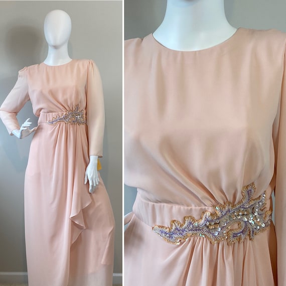 Elegant Peach Sequin Waist Evening Gown| Miss Ell… - image 1