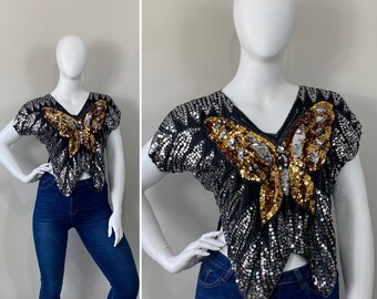 Vintage Butterfly Sequin Top| 70s 80s Vtg Sequin Top| Vintage Silver Gold Sequin Shirt| Fits Medium Large Extra Large