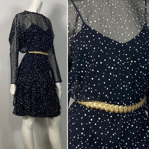 80s 90s Polka Dot Dress| Ruffle Tiered Dress| Vintage Dress| Dolman Sleeves| Sheer Sleeves| Illusion Neckline| Size 13/14 Modern Medium