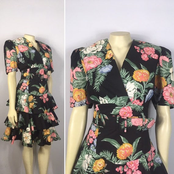 80s 90s Black Floral Ruffle Hem Dress| 100% Cotton