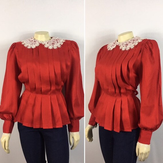 Unique 80s Blouse| Josephine Red Pleated Blouse| B