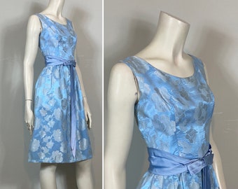 Vintage Dress 1960s 60s Sky Blue Baby Blue Semi Formal Dress Floral Brocade Satin Bow & Waist Modern XXS - XS