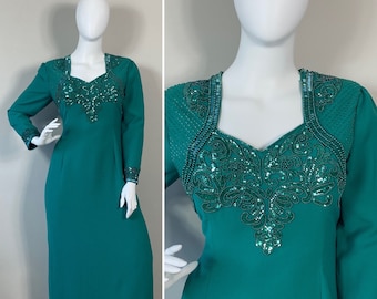 Vintage Mother of the Bride Dress| Plus Size Vintage Formal Dress| Jovani Formal Gown Teal Green Sequin Evening Gown 18 1X