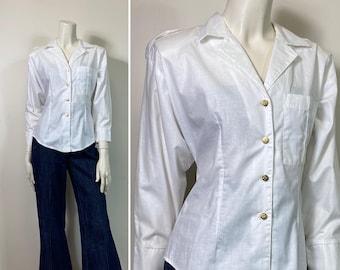 Camisa militar blanca y dorada de algodón con botones, talla mediana, estilo años 80 y 90.