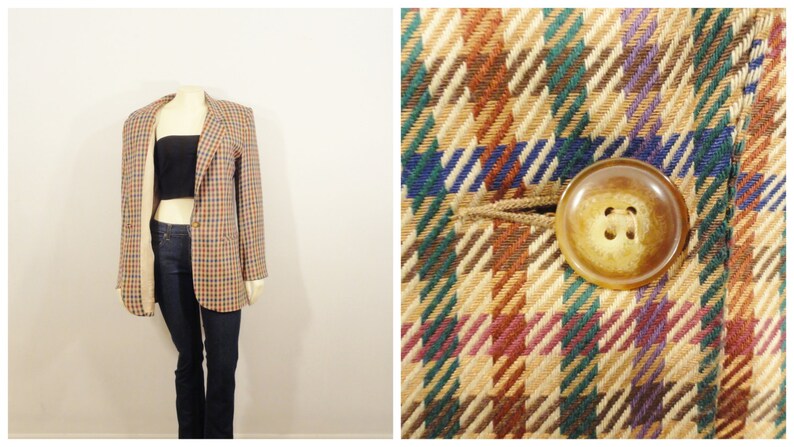80s Oversized Plaid Blazer Counterparts Colorful Plaid Burgundy Eggplant Blue Brown Size 6 Modern Small to Medium