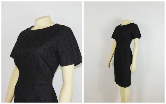 50s 60s Vintage Dress|50s 60s Black Eyelet Day Dr… - image 1
