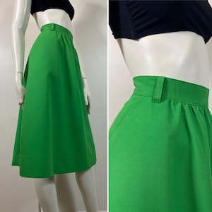 70s Vintage Skirt| Simple Vibrant Green ALine Skirt Fits Modern Large