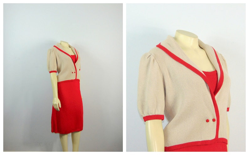 3 Piece Suit Cami Jacket Skirt Modern Vintage Suit 60s 70s St John for Saks Fifth Avenue Knit Suit Coral Red /& Beige