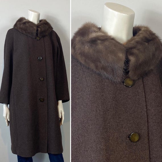 Vintage 50s 60s Mink Fur Collar Coat, Brown Satin Lined, Mod Style (Size L-XL)
