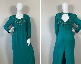 Vintage Mother of the Bride Dress| Plus Size Vintage Formal Dress| Jovani Formal Gown Teal Green Sequin Evening Gown 18 1X