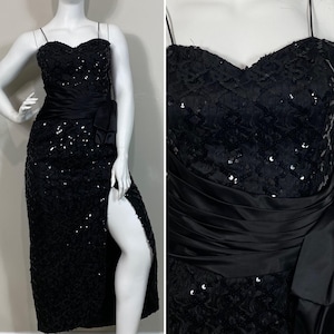 80s 90s Plus Size Black Sequin Evening Gown| 80s 90s NADINE Sequin Prom Dress| Union Made 80s Prom Dress