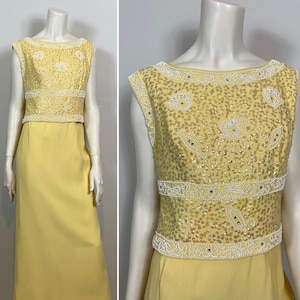 50s 60s Yellow & White Beaded Sequin Rhinestone Encrusted Formal Gown Set| Pastel Evening Gown