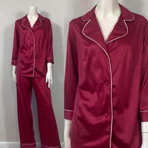 70s 80s Satin Pajama Set| Vtg Vasserette Burgundy Nylon Satin Pants Pajamas | Vintage PJs