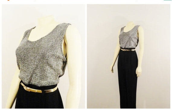 Vintage Jumpsuit 90s Metallic Silver & Black Belte
