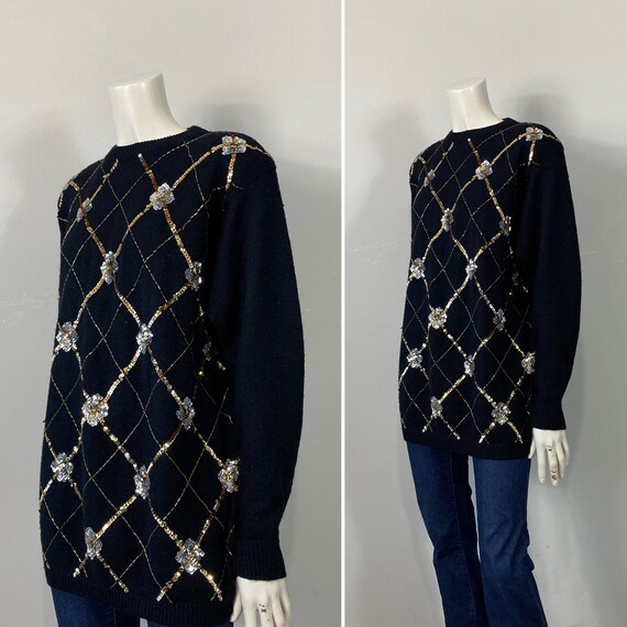 80s Sweater | Vintage 80s Alfred Dunner Black Gol… - image 7