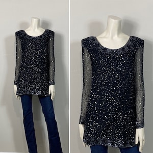 Y2K Sequin Blouse| Vintage 2000s Stenay Black Silver Beads and Sequin Tunic Style Blouse| Long Sleeve Chiffon Sequin Blouse Large Mod M-L